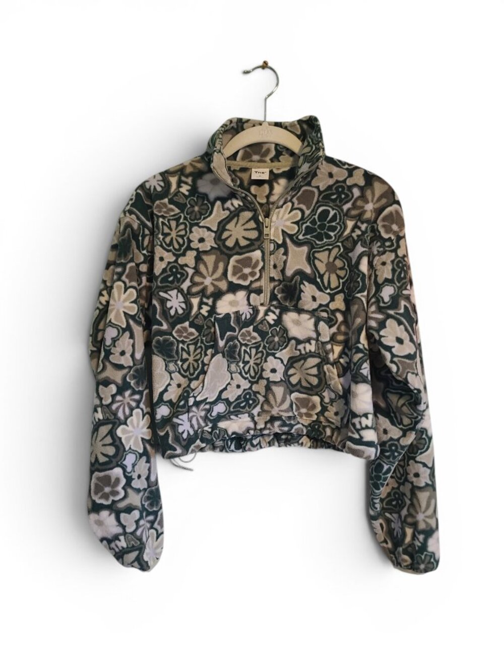 TNA by Aritzia Green Floral Printed Fleece Crop Pullover Women's Size XS